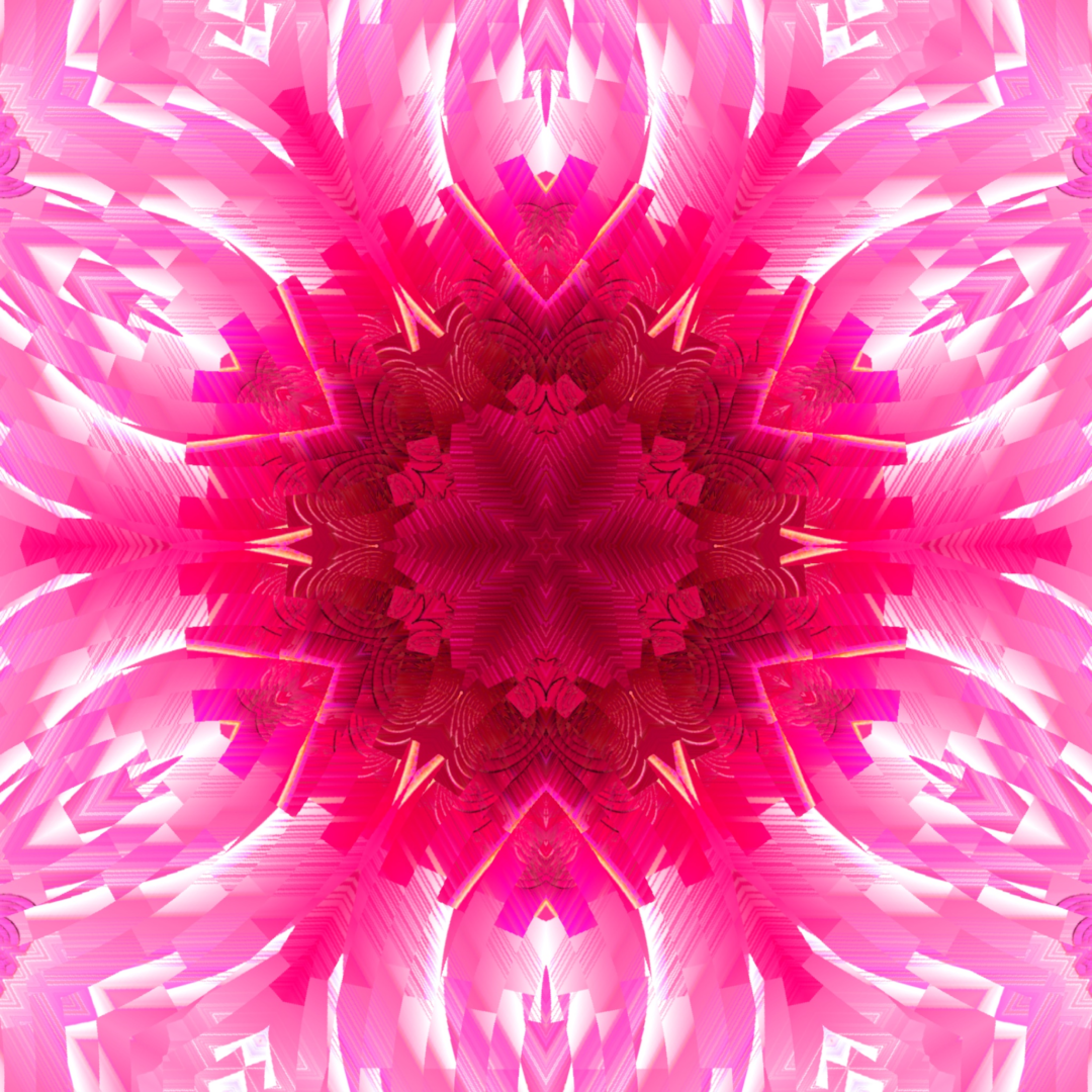 Digital abstract artwork. A kaleidoscopic burst in hot pink and magenta. Six irregular star points radiate from a dark crimson core, detailed with intricate overlapping petal and feather-like textures. Between the points, pale pink crystalline shapes fan outward. Black linear details are visible within the core. The overall effect is dense and fractal.