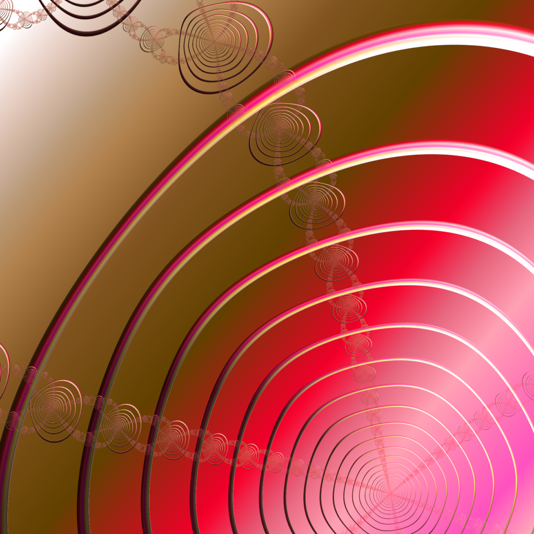 Digital abstract artwork. Concentric arcs sweep from the upper left toward the lower right, rendered in deep red and hot pink with thin gold and magenta highlight lines between each band. The left half of the image fades to an olive-gold gradient. A diagonal chain of small spiral forms bisects the composition, diminishing in size toward the lower right.